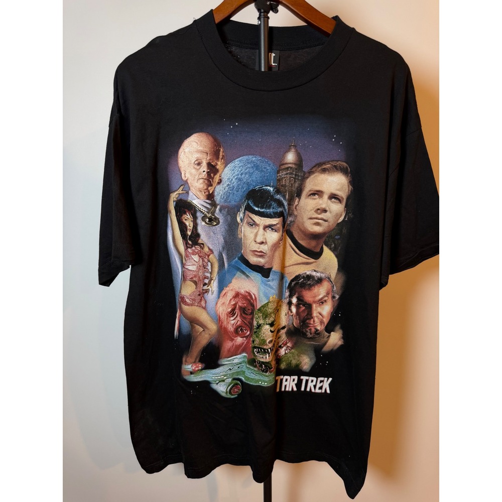 Vintage Star Trek Giant Graphic T-Shirt Mens XL Black Sci-Fi Kirk Spock Tee